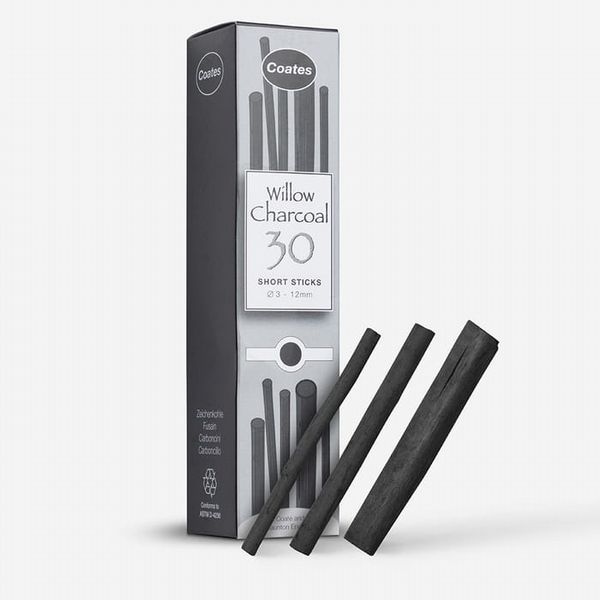 Coates : Willow Charcoal : Pack of 30 Half Sticks : 3-12mm Diameter